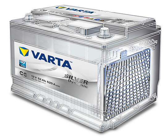 Egy nedves VARTA® akkumulátor részletes kivágása